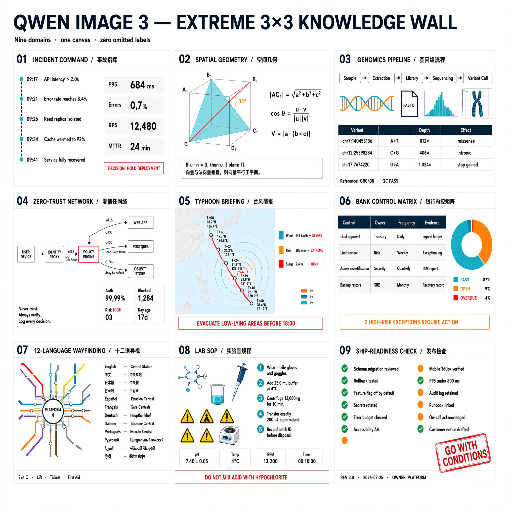Qwen Image 3 extreme nine-cell knowledge wall containing multilingual text, formulas, tables, diagrams, and operational checklists