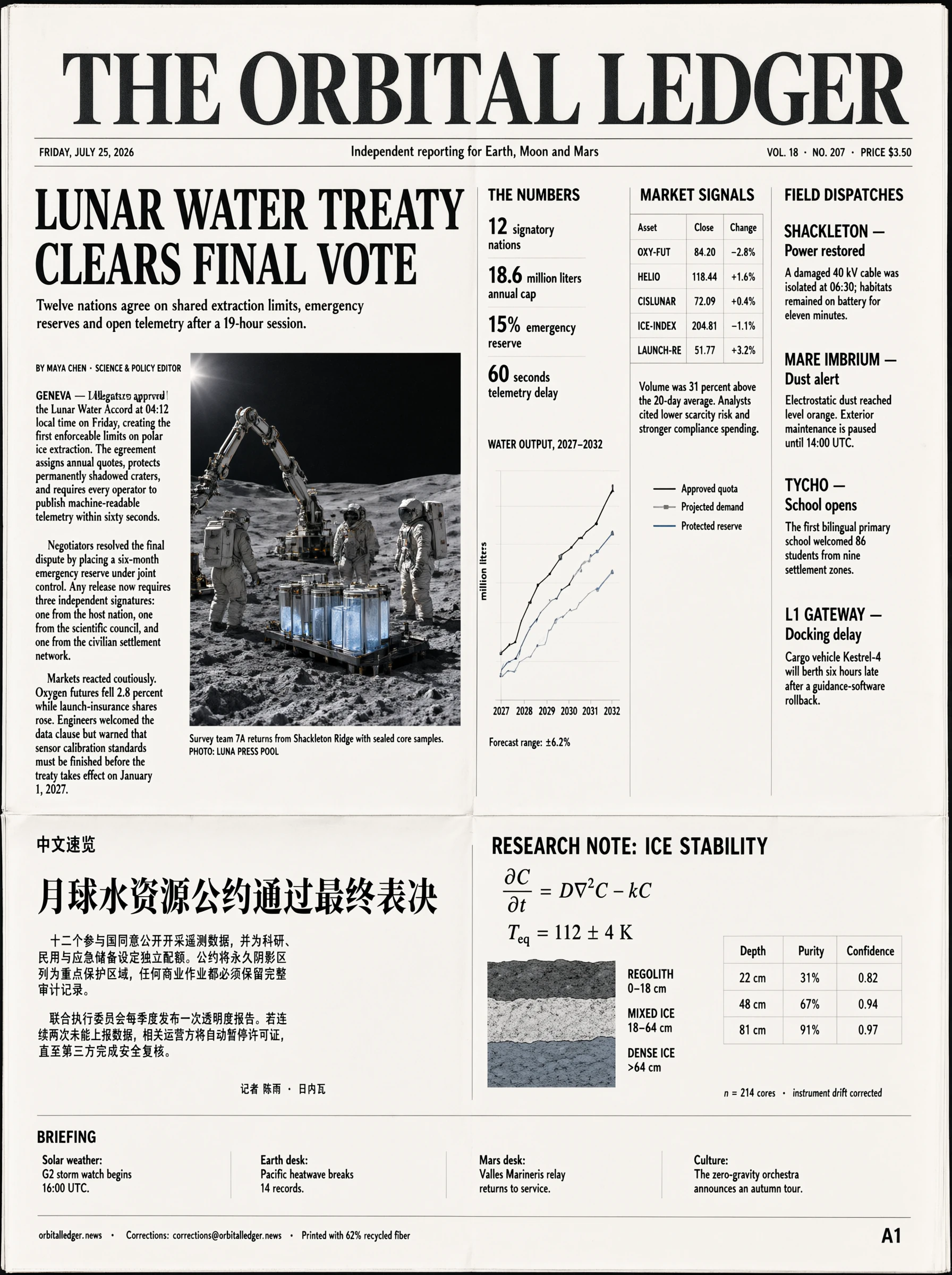Qwen Image 3 portrait six-column newspaper with a lunar treaty lead story, charts, market table, Chinese section, and research data