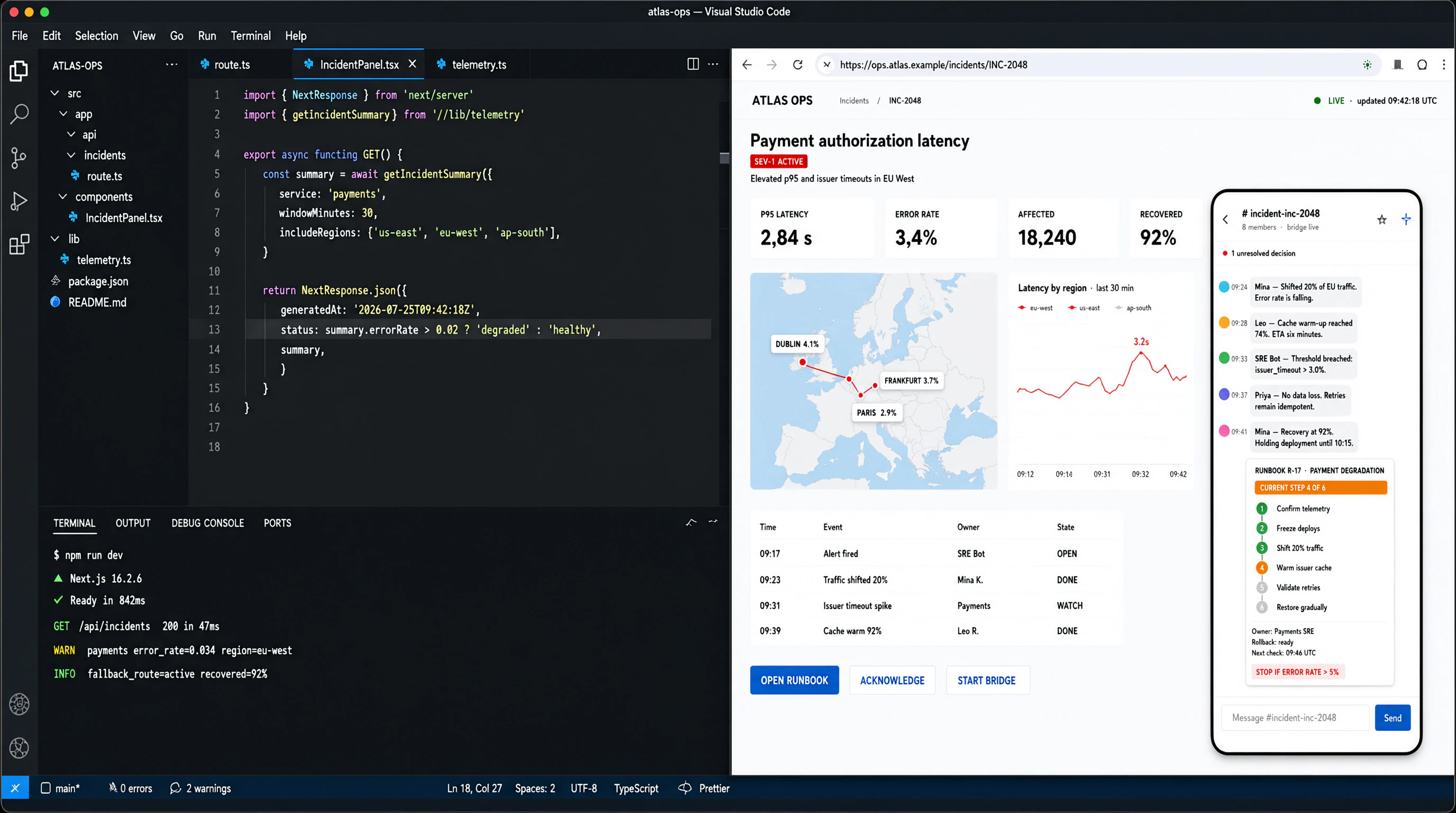 Qwen Image 3 nested software interface with code editor, incident dashboard, phone chat, and runbook card