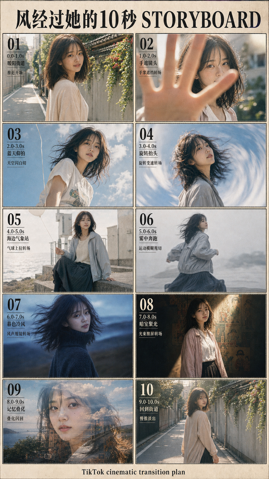生成一张竖版 9:16 的“个人艺术短片 storyboard 分镜海报”,参考所有提供的选中图片,保持同一位年轻女性的面部特征、发型、气质与日系胶片写真风格一致。画面不是单张电影剧照,而是一整张分镜表:排版为 2 列 x 5 行,共 10 个小分镜格,每格都有清晰边框、电影分镜草图/照片混合质感,整体像 TikTok 爆款短视频转场策划板。每个分镜必须有大号编号 01-10、持续时长标签,以及一句很短的中文转场说明;文字要尽量清晰、像设计海报上的印刷字。
整体主题:《风经过她的10秒》。色调从东京街道暖阳、蓝天青春、海边雾气、暮色冷蓝、暗室聚光逐步过渡,最后回到暖色街道。保持胶片颗粒、柔和自然光、日系杂志感、电影感。不要水印、不要品牌logo。
10个分镜内容如下(每格都要表现画面与转场):
01|0.0-1.0s|暖阳街道|女主站在东京住宅街回头微笑,浅色开衫与白色内搭,35mm 胶片暖光。转场文字:推近开场。
02|1.0-2.0s|手遮镜头|女主抬手靠近镜头,阳光穿过指缝,制造遮挡。转场文字:手掌遮挡转场。
03|2.0-3.0s|蓝天仰拍|切到明亮蓝天下,女主穿白色图案 T 恤,低角度微笑,头发被风吹起。转场文字:天空闪白切。
04|3.0-4.0s|旋转抬头|镜头略带旋转运动模糊,女主仰望天空,青春轻盈。转场文字:旋转变速转场。
05|4.0-5.0s|海边气象站|女主坐在海边气象站台阶,银灰风衣、奶油针织、雾气和白色气球线。转场文字:气球上拉转场。
06|5.0-6.0s|雾中奔跑|海雾中女主侧身走动或轻跑,衣摆和头发运动模糊。转场文字:运动模糊甩切。
07|6.0-7.0s|暮色冷风|女主穿深色厚羊毛外套与高领,冷蓝暮色,头发被强风吹动,情绪神秘。转场文字:风声甩镜转场。
08|7.0-8.0s|暗室聚光|切到黑暗展览室,粉色外套、白衬衫、黑裙,一束斜向聚光照亮半身,背后复古日式壁画。转场文字:光束擦屏转场。
09|8.0-9.0s|记忆叠化|将街道、海雾、蓝天、暗室的画面以双重曝光叠在女主脸部特写上,艺术感强。转场文字:叠化闪回。
10|9.0-10.0s|回到街道|女主在东京街道转身离开,暖色夕光,画面安静收束。转场文字:慢推淡出。
设计要求:每格内部构图清楚,分镜之间有连贯的视觉动线,例如光线、风、气球线、手掌遮挡、旋转模糊、光束擦屏等元素连接前后。海报顶部添加标题“风经过她的10秒 STORYBOARD”,底部加小字“TikTok cinematic transition plan”。中文标签简洁清晰。