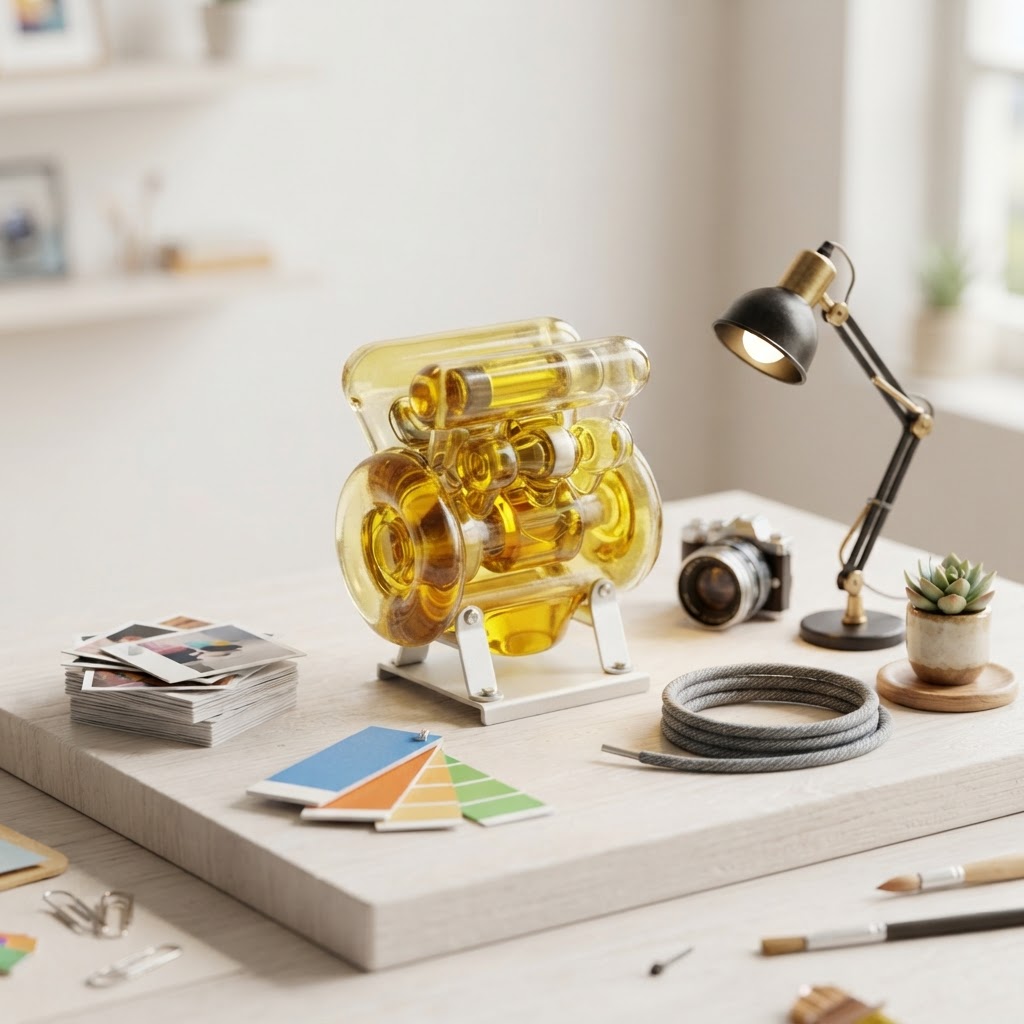 3D miniature product diorama with a banana-yellow glass engine, image cards, color swatches, lens, lamp, and small desk objects