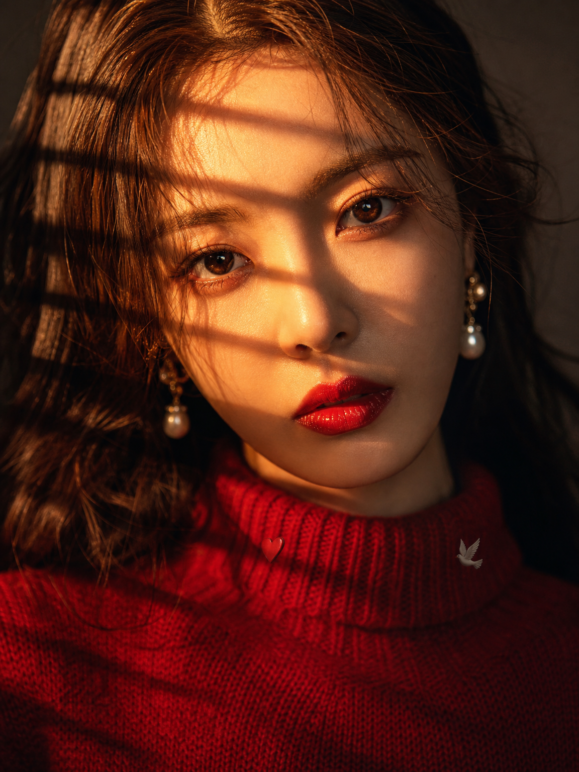 A stunning, high-resolution close-up portrait of an East Asian woman, gazing directly at the camera with a soulful expression. She is in a softly lit room, bathed in a warm, golden-orange sunlight coming from the side, filtered through venetian blinds. This lighting creates distinct, dark, parallel stripe shadows across her face, eyes, and hair, giving the composition a dramatic, cinematic feel. Her skin has a soft, sun-kissed, and smooth texture. She wears vibrant, glossy red lipstick that reflects the light, and small, ornate pearl drop earrings, partially in shadow. She is wearing a cozy, red knit turtleneck sweater. Subtle icons are placed on the collar: a tiny, stylized red heart to her lower left and a small white dove to the lower right. Her brown eyes are full of expression, reflecting the light, and her brown hair is slightly wavy and soft. The background is a soft, dark, indeterminate gradient, enhancing the contrast and focus on her face. The style is an editorial-quality, intimate beauty photograph with rich color grading.