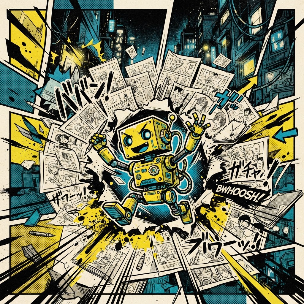 Manga-style yellow studio assistant robot bursting through image drafts with halftone dots and panel borders