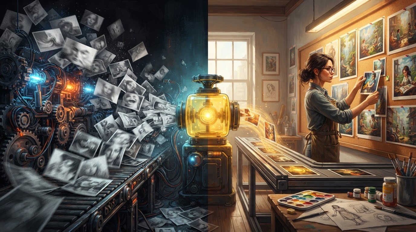 Editorial metaphor for speed versus craft in AI image generation, with chaotic drafts on one side and curated visuals on the other