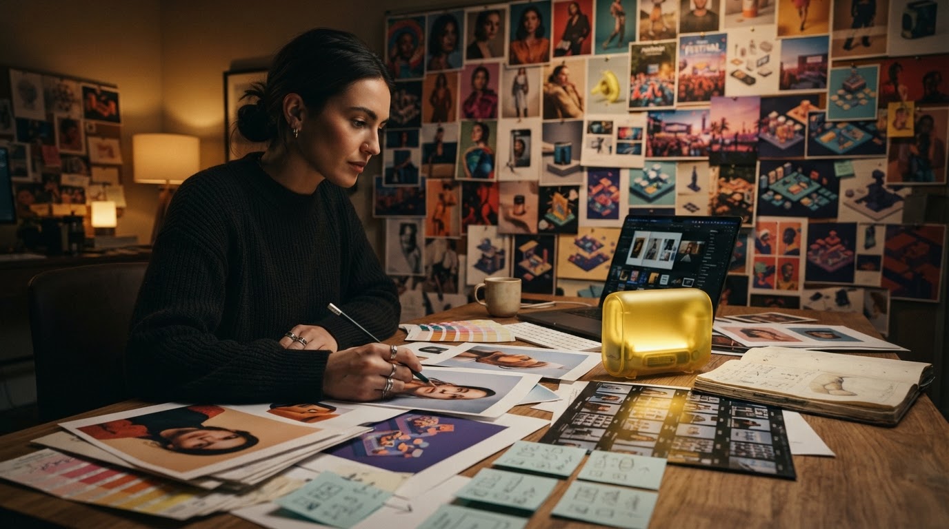 Nano Banana 2 Lite prompt guide hero image: a late-night creative war room with printed drafts, a glowing yellow engine, and a wall of image outputs
