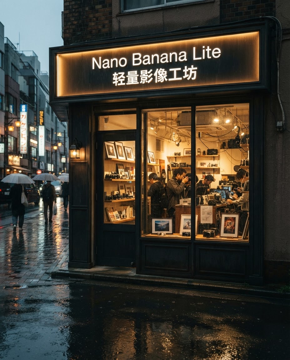 Nano Banana Lite storefront text test with a dusk creative studio and bilingual sign