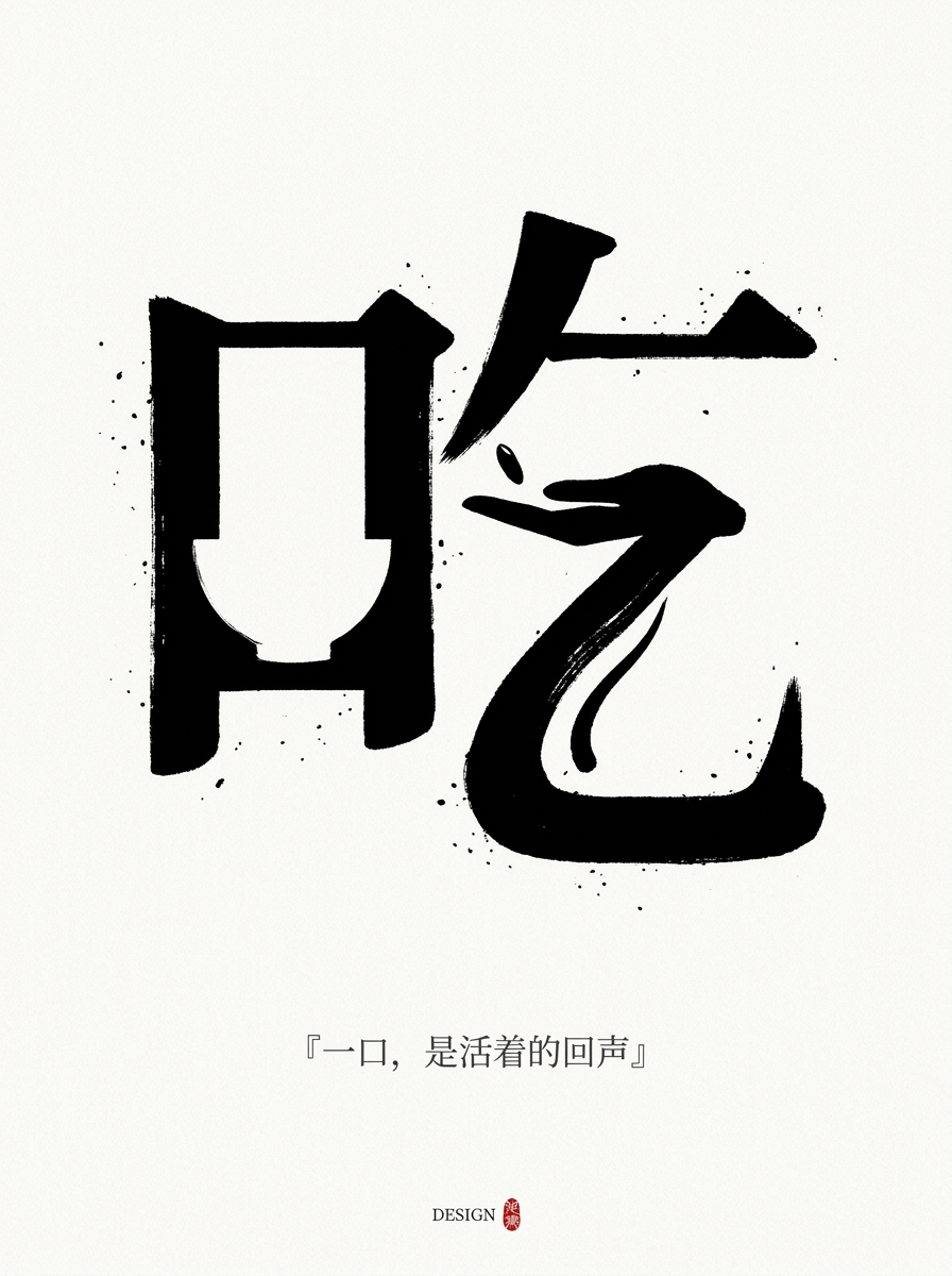 极简东方现代海报,微暖白背景,大量留白。主体是一个巨大、可识别的创意汉字「吃」,黑色水墨毛笔质感,粗粝边缘、飞白、墨迹颗粒、手写呼吸感,但不是普通书法,不是字体库。
将「吃」做成形义同构的汉字图形设计:左侧「口」保持为字的部件,同时设计成一个安静张开的嘴,也像一个空碗的负形容器;口字内部留白清晰,像饥饿、等待、未被说出的需要。右侧「乞」仍保持可读结构,关键笔画创意转译:上方短撇像一小粒即将入口的米粒/食物,悬停在口与人之间;中部横画像一只极简的手掌或筷子,轻轻递出食物;下方弯钩笔画变成一个微微弯曲的人形脊背与喉咙吞咽路径,既是笔画也是身体的需要。整个字的视觉命题是:吃不是占有,而是被生命轻轻托住。笔画之间有克制的断开与留白,表现饥饿、给予、吞咽、活下去的温柔关系。
所有图形都必须嵌入笔画本身,不要在字旁边另画插图。整体仍然第一眼能认出「吃」,第二眼看见口像空碗/嘴、米粒、递食的手、吞咽的人形,第三眼感到人对食物、照料和生存的依赖。构图安静克制,主体字占画面中央偏上,黑白为主。下方加入极少中文小字:『一口,是活着的回声』,字体很小、淡黑、现代宋体感。底部极小 DESIGN 字样与一枚小红色印章点缀,红色面积极小。禁止复杂背景、商业海报风、logo风、卡通、3D、霓虹、金属、普通水墨书法、无创意大字、外加无关插图。
