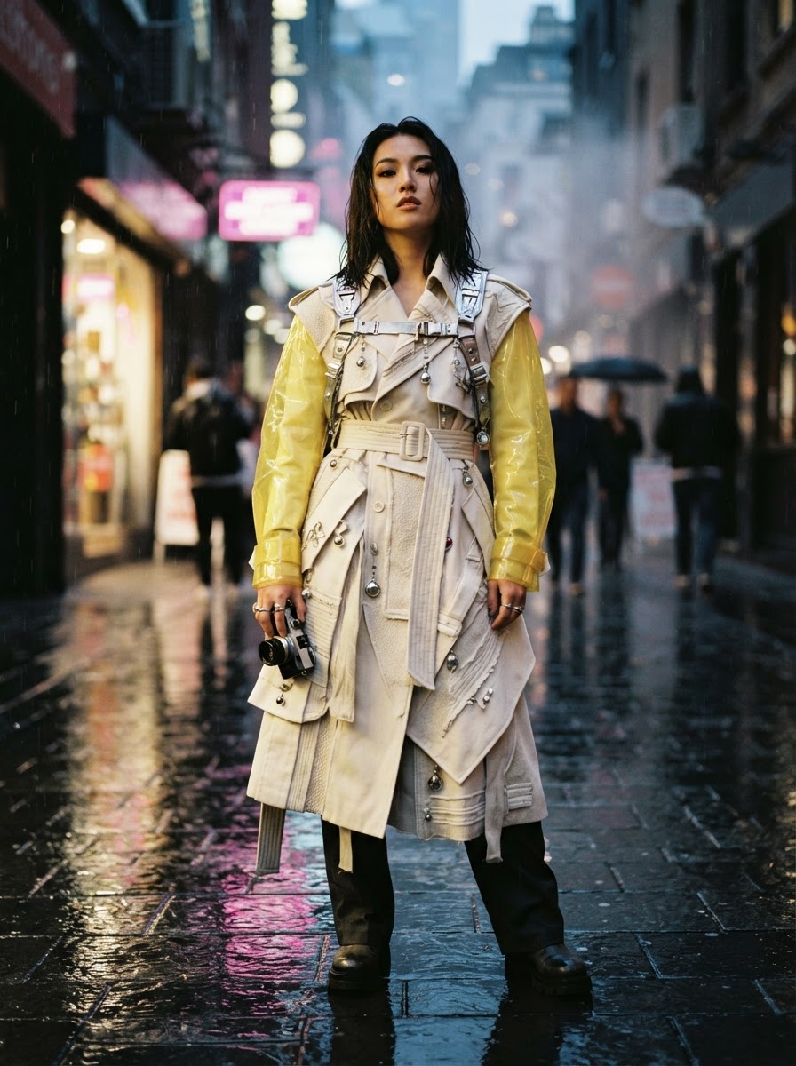 Fashion editorial portrait generated with Nano Banana 2 Lite: an East Asian creative director in a rain-glossed alley with yellow translucent sleeves