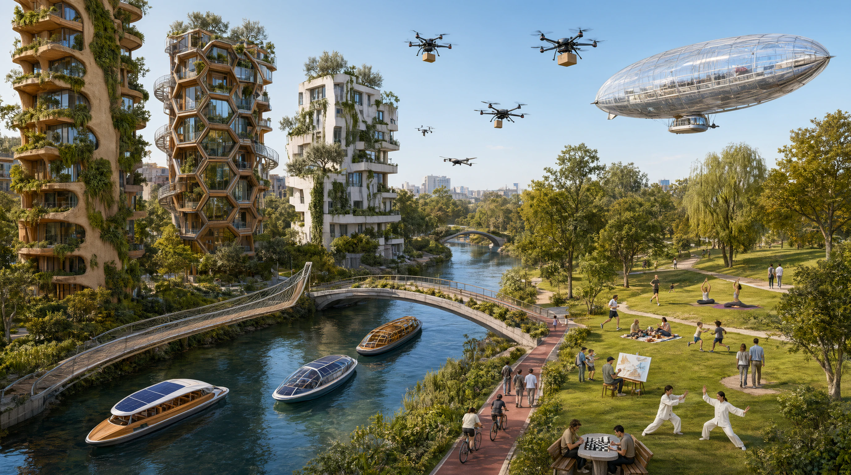 Qwen Image 3 wide ecological city scene with towers, river traffic, park activity, drones, and an airship