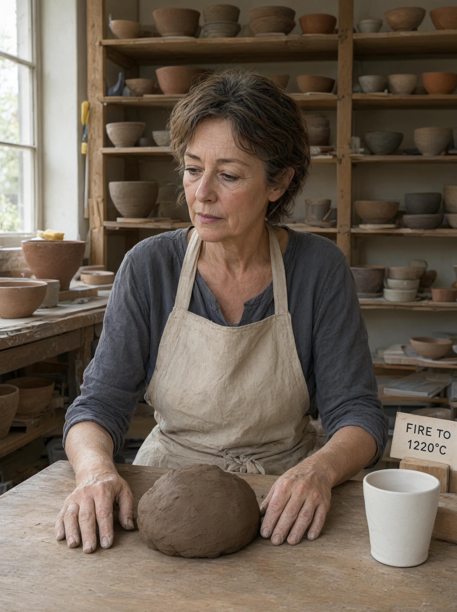 Qwen Image 3 portrait of an older ceramic artist with a white cup and firing card