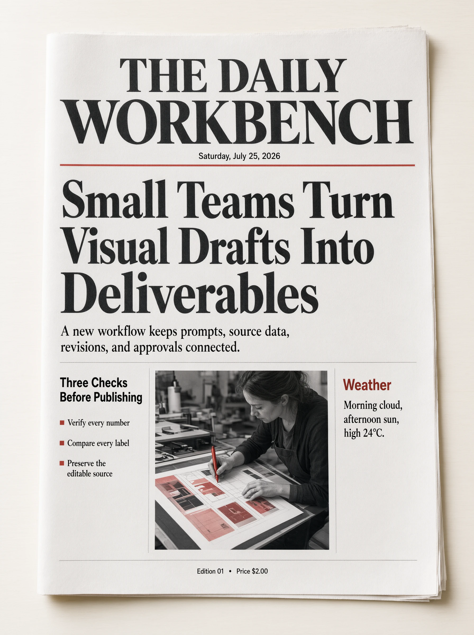 Qwen Image 3 newspaper front page with supplied headlines, columns, weather, and footer