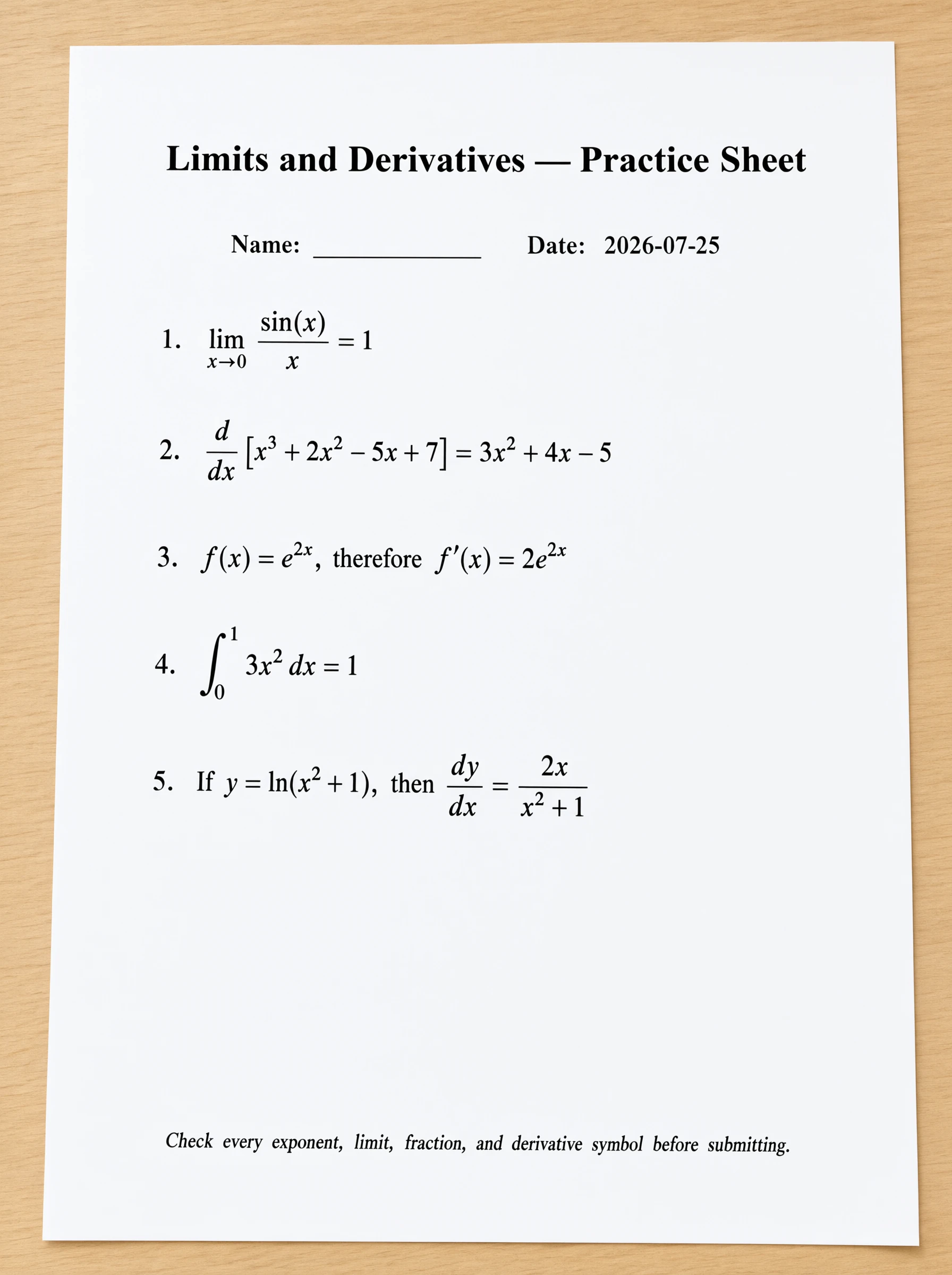 Qwen Image 3 output showing a mathematics practice sheet