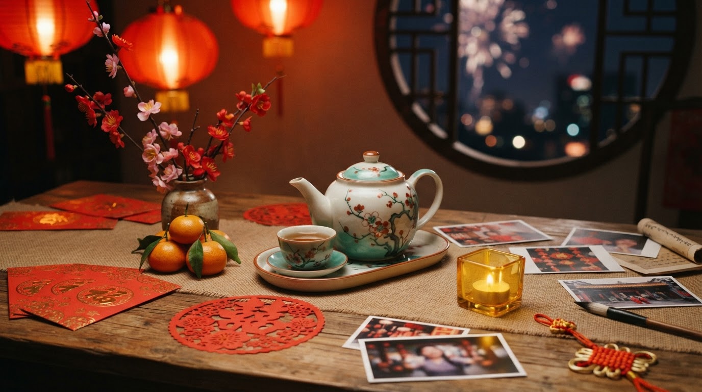 Chinese New Year creative desk still life with red envelopes, tangerines, porcelain tea, plum blossoms, and printed image drafts