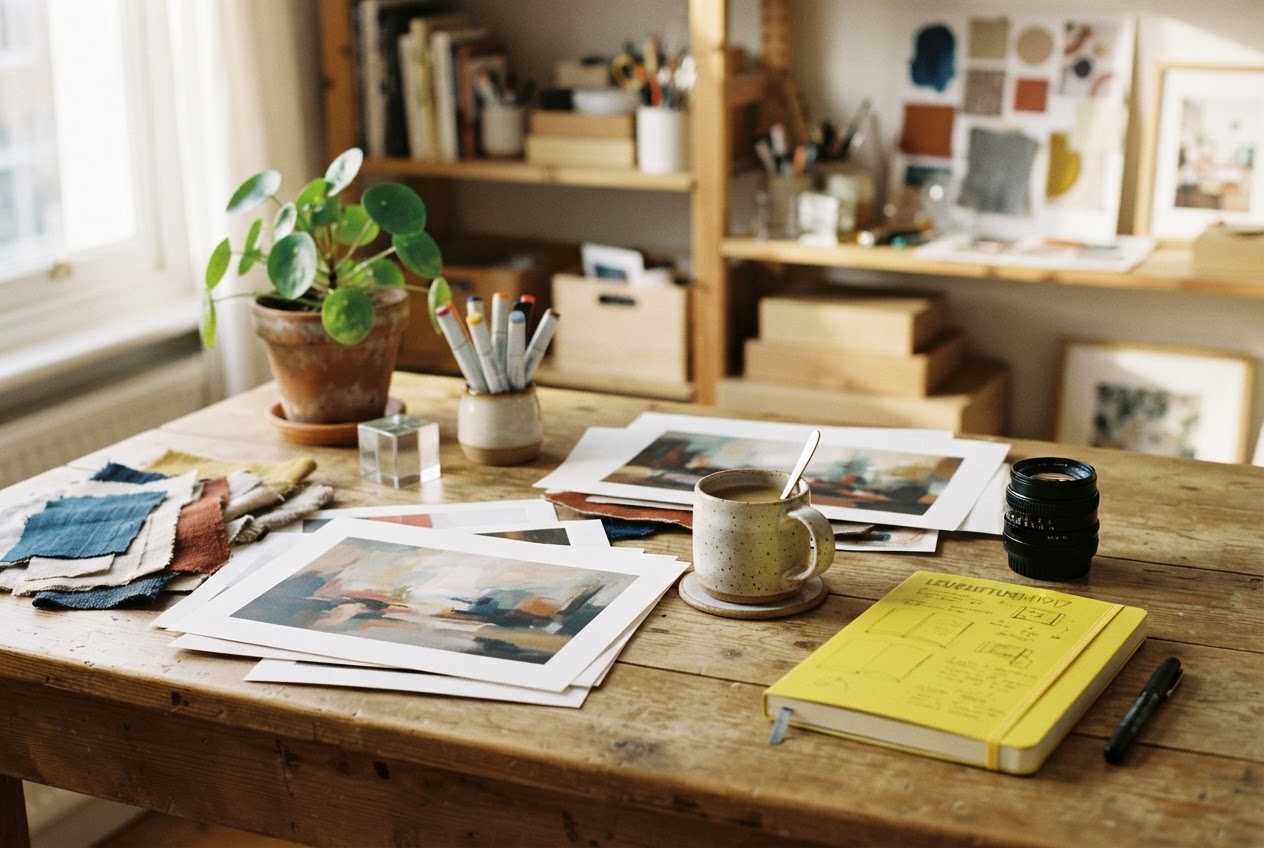 Warm creative studio desk still life with printed image drafts, fabric samples, markers, coffee, camera lens, and yellow notebook